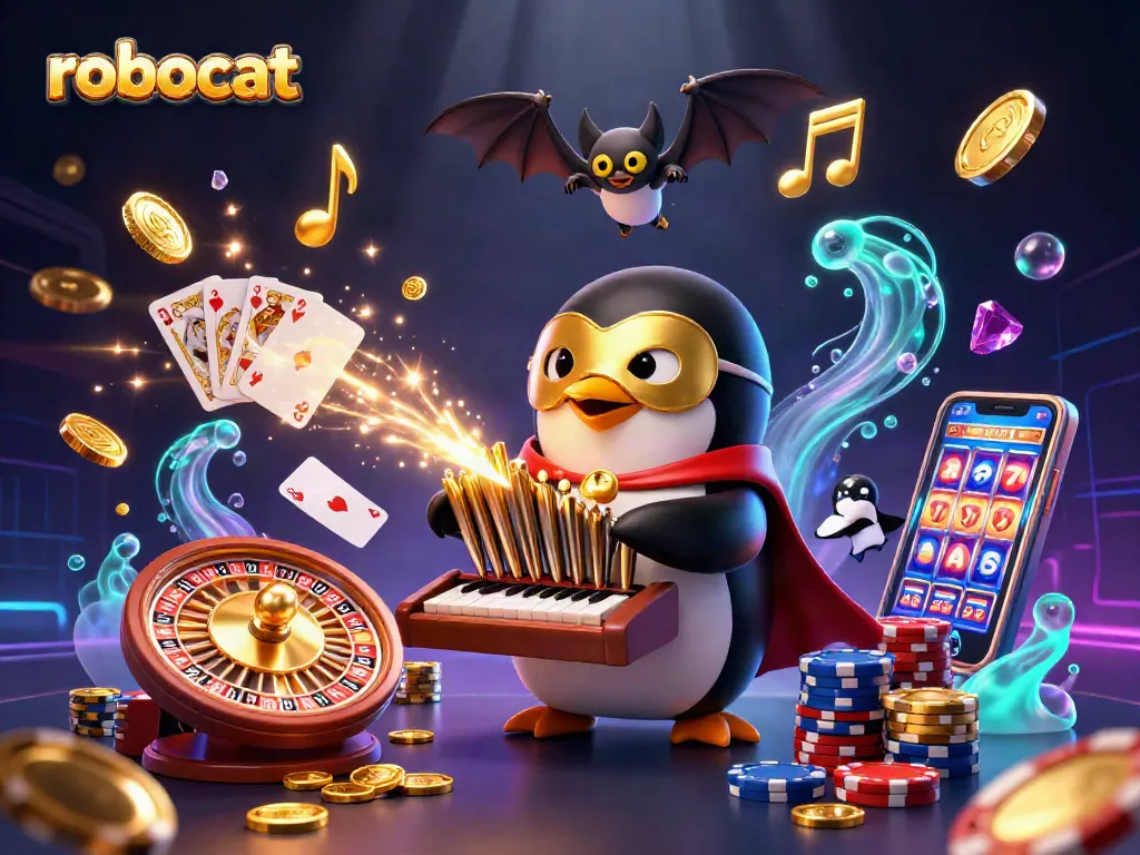 robocat showcases thrilling casino gameplay, featuring coins, roulette, and vibrant poker elements