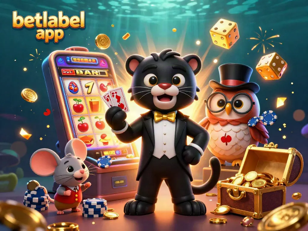 Experience winning with the betlabel app in this vibrant casino scene, featuring colorful characters and dynamic elements.