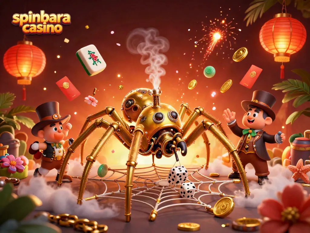 Experience the excitement of spinbara casino with a dynamic, vibrant scene featuring a steampunk spider and playful dice.