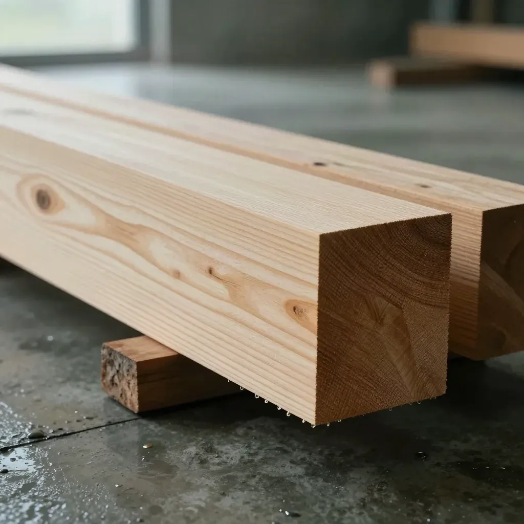 Viga de pino seco con tablas compañeras sobre suelo húmedo, luz dramática y textura técnica.