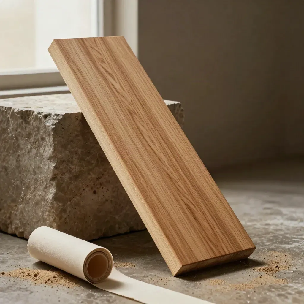 Tabla de roble apoyada en piedra húmeda, con recortes finos y lija enrollada.