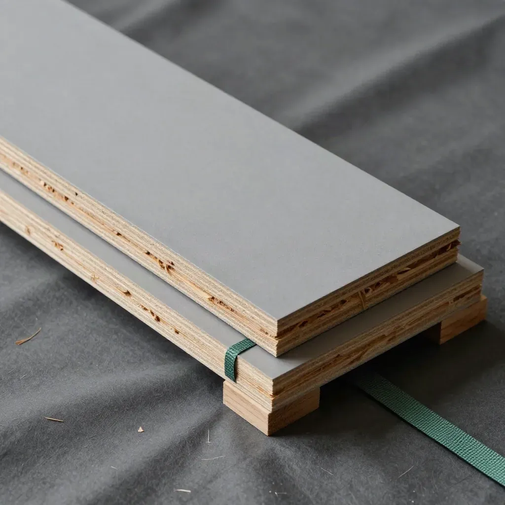 Tableros OSB estructural sobre lona gris y tacos de madera, vistos cenitalmente.
