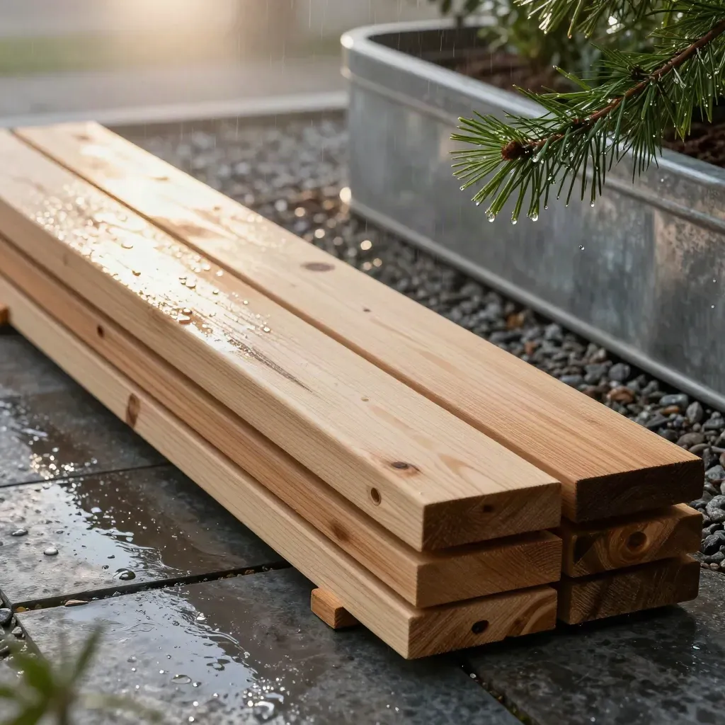 Listones tratados para exterior mojados junto a una maceta de zinc, grava y una rama de pino.
