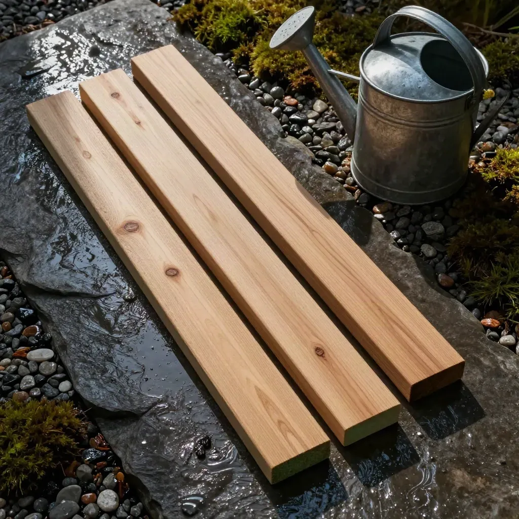 Madera tratada sobre grava mojada con regadera metálica vacía y musgo.
