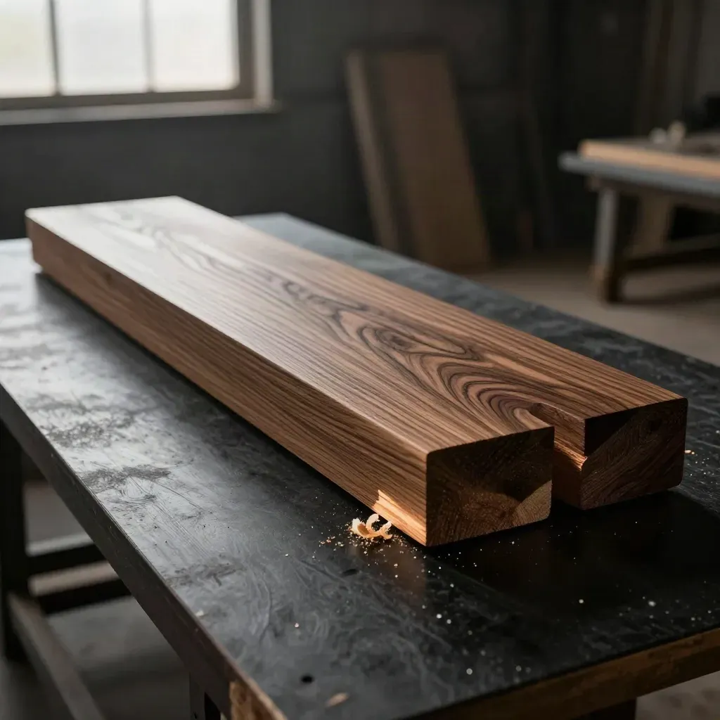 Tabla de roble macizo con recortes, sobre base negra, en luz dramática de estudio.