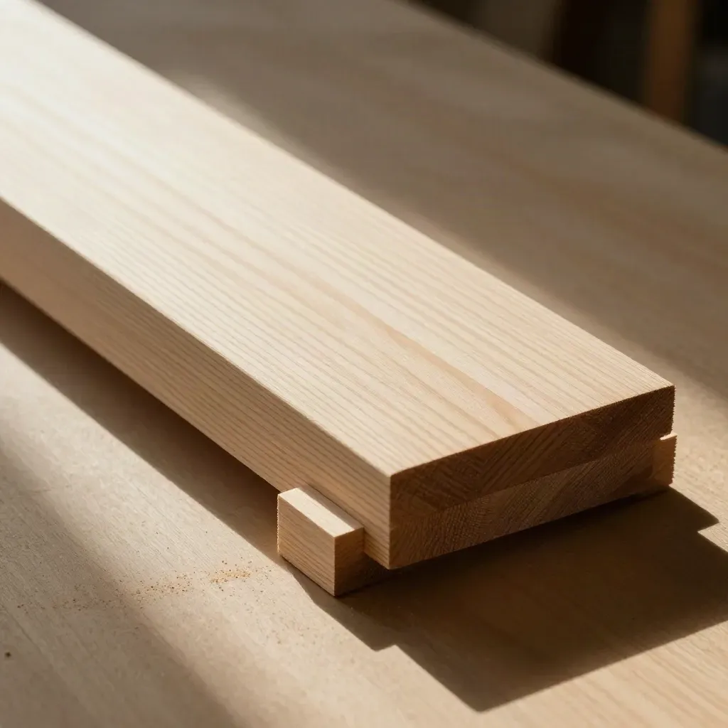 Listones de madera cepillada con dos piezas secundarias y un taco, en diagonal sobre fondo oscuro.