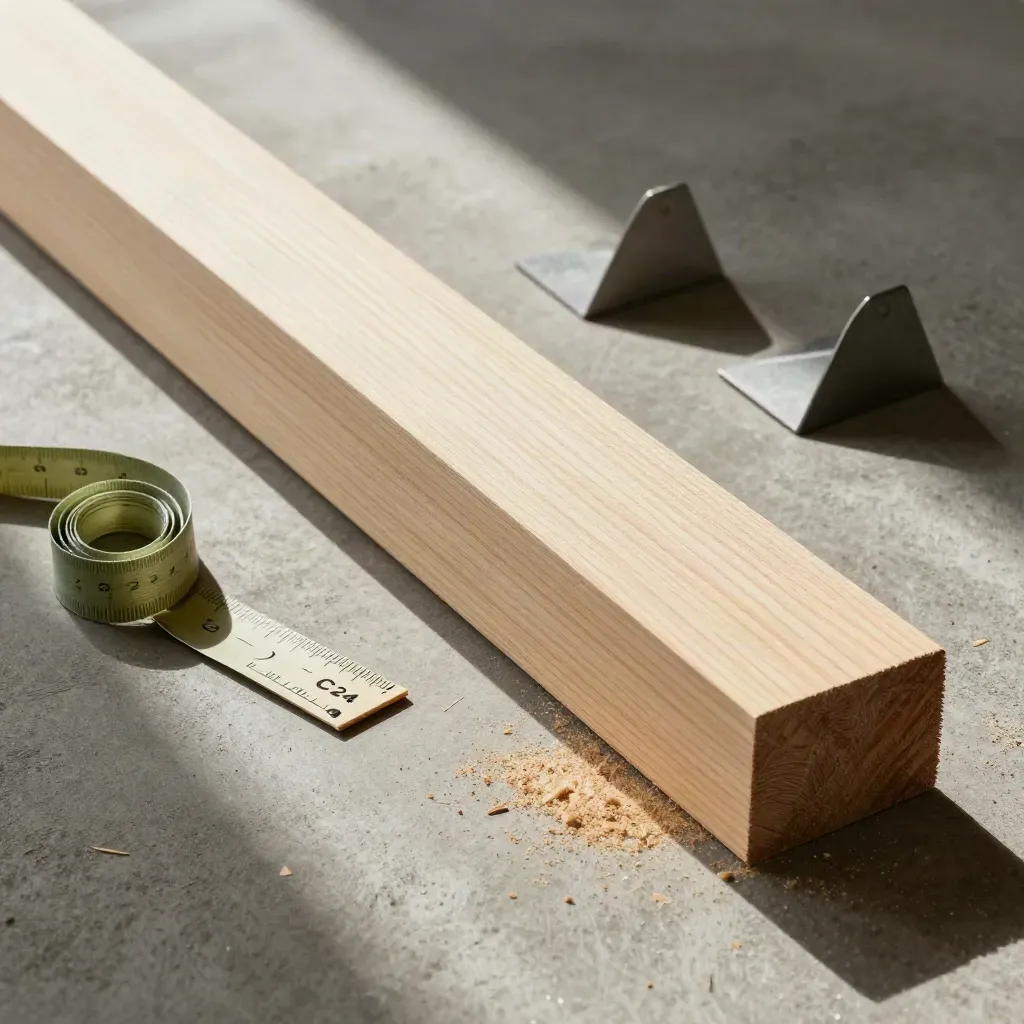 Viga de madera estructural con cuñas, cinta suelta y polvo de serrado sobre hormigón.