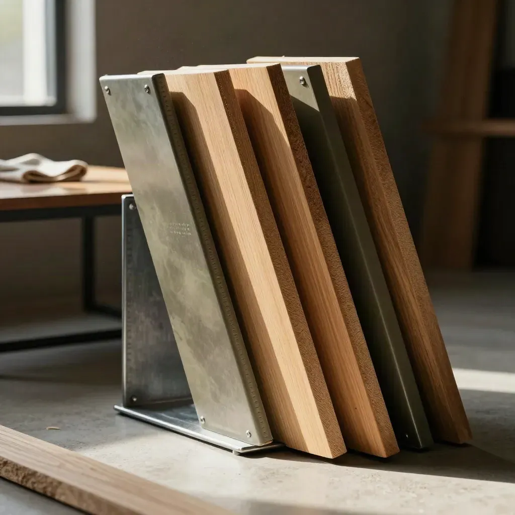 Paneles de madera y metal cepillado en un almacén cálido con luz suave y suelo vacío.