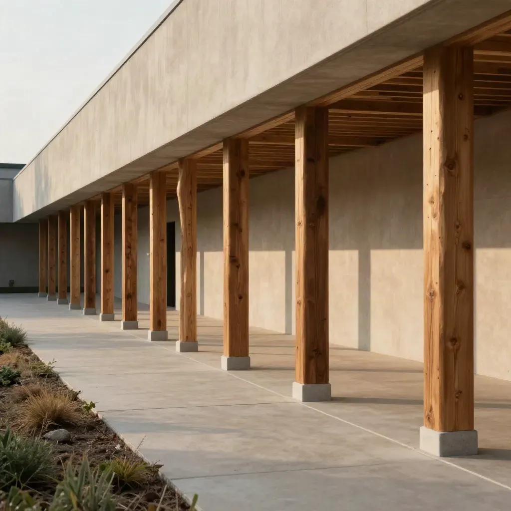 Pasillo exterior de nave de madera tratada con hormigón y vegetación baja, luz cálida y sombras largas.