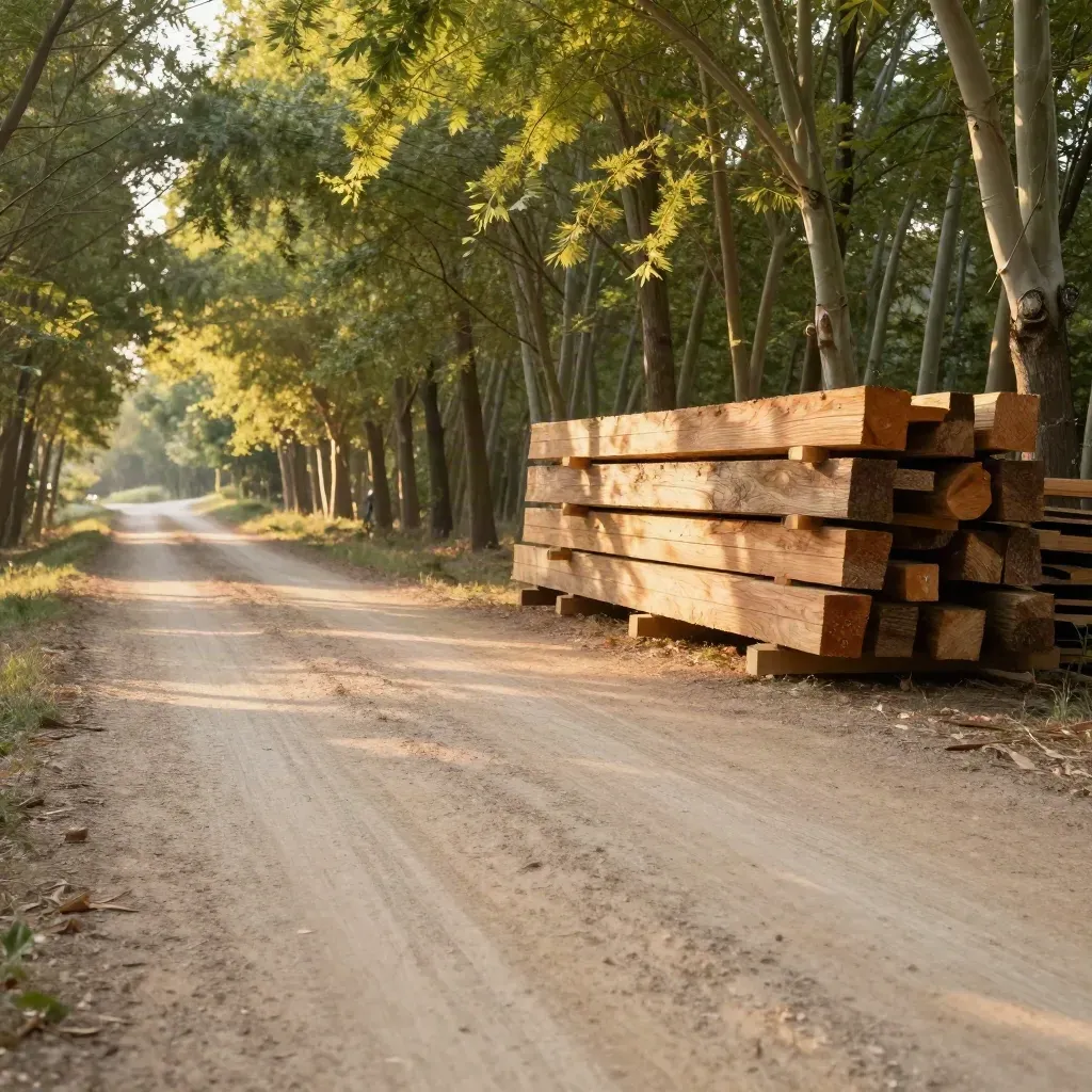 Lindes de bosque con madera de roble y nogal al atardecer, camino terroso y niebla dorada.