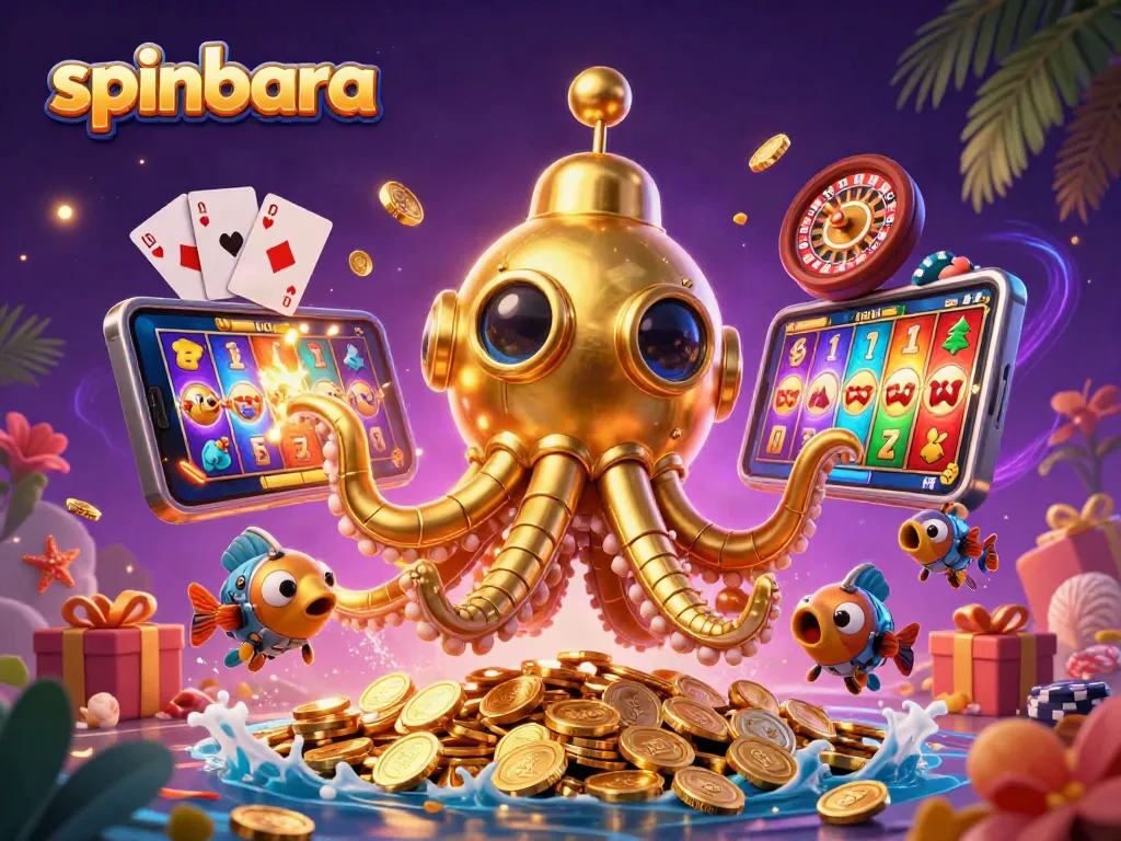 Spinbara's captivating undersea adventure with golden kraken submarine and slot gaming action.